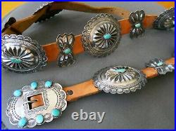 Old Native American Turquoise Sterling Silver Repousse Stamped Concho Belt