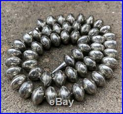 Old Native Navajo Sterling Silver Stamped 13mm Pearl Bench Bead Necklace 22.5