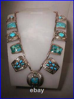 Old Navajo Begay Silver & Turquoise Tab Squash Blossom Necklace