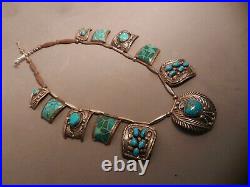 Old Navajo Begay Silver & Turquoise Tab Squash Blossom Necklace