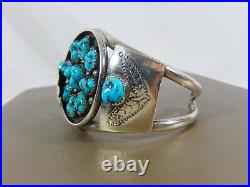 Old Navajo Ignot Sterling Silver Turquoise Cluster Prayer Feather Cuff Bracelet