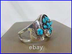 Old Navajo Ignot Sterling Silver Turquoise Cluster Prayer Feather Cuff Bracelet