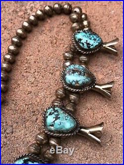 Old Navajo Sterling Silver Spiderweb Number #8 Turquoise Squash Blossom Necklace