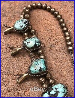 Old Navajo Sterling Silver Spiderweb Number #8 Turquoise Squash Blossom Necklace