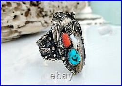 Old Navajo Turquoise Coral Sterling Silver Feather Claw Southwest Size 11 Ring