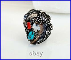 Old Navajo Turquoise Coral Sterling Silver Feather Claw Southwest Size 11 Ring
