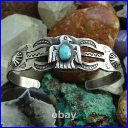 Old Navajo Turquoise Thunderbird Sterling Silver Cuff Bracelet Fred Harvey Era
