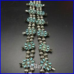 Old Pawn 1940s NAVAJO Sterling Silver Turquoise Cluster SQUASH BLOSSOM Necklace