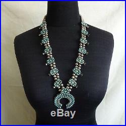 Old Pawn 1940s NAVAJO Sterling Silver Turquoise Cluster SQUASH BLOSSOM Necklace
