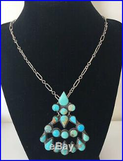 Old Pawn Federico Jimenez Sterling Silver Turquoise Cluster Pendant Necklace