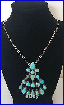 Old Pawn Federico Jimenez Sterling Silver Turquoise Cluster Pendant Necklace
