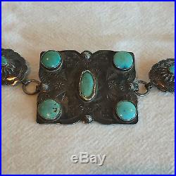 Old Pawn Harvey Era NAVAJO Hand Stamped Sterling Silver TURQUOISE Concho BELT