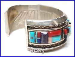Old Pawn Navajo Handmade Sterling Silver Multi Color/Stone Cornrow Cuff Bracelet