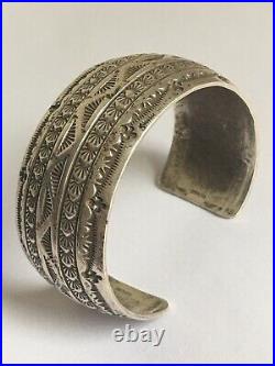 Old Pawn Navajo Heavy Hand Stamped Hammered Etched Sterling Silver Cuff Bracelet