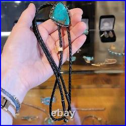 Old Pawn Navajo Native American Turquoise & Sterling Silver Leather Bolo Tie