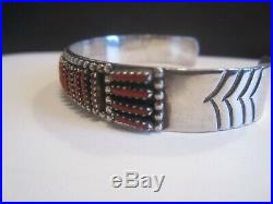 Old Pawn Navajo Signed Sterling Silver Dark Red Coral Needlepoint Cuff Bracelet