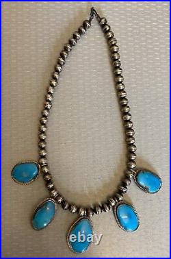 Old Pawn Navajo Sterling Silver Bench Bead 5 Turquoise Pendants Necklace 16