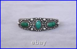 Old Pawn Navajo Sterling Silver Bracelet 3 Turquoise Stones w. Applique 5.75