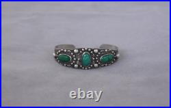 Old Pawn Navajo Sterling Silver Bracelet 3 Turquoise Stones w. Applique 5.75