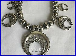 Old Pawn Navajo Sterling Silver Hand Stamped Bench Bead Squash Blossom Necklace