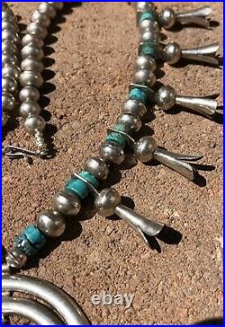 Old Pawn Navajo Sterling Silver Kingman Turquoise Squash Blossom Necklace 28.5