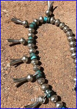Old Pawn Navajo Sterling Silver Kingman Turquoise Squash Blossom Necklace 28.5