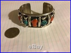 Old Pawn Navajo Sterling Silver Sculpture Cuff Bracelet Chunky Turquoise, Coral