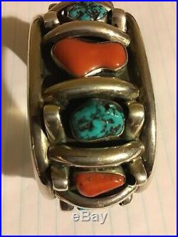 Old Pawn Navajo Sterling Silver Sculpture Cuff Bracelet Chunky Turquoise, Coral