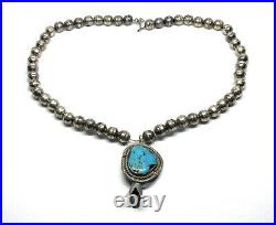 Old Pawn Navajo Sterling Silver Turquoise Squash Blossom 17 Bench Bead Necklace