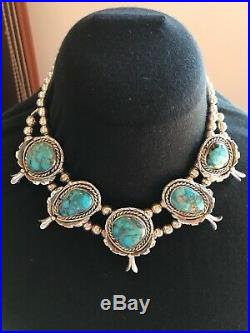 Old Pawn Navajo Sterling Silver, Turquoise Squash Blossom Necklace