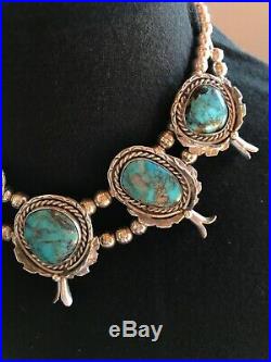 Old Pawn Navajo Sterling Silver, Turquoise Squash Blossom Necklace