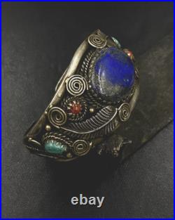 Old Pawn Navajo Sterling Silver Turquoise with Coral Lapis Cuff Bracelet Feather
