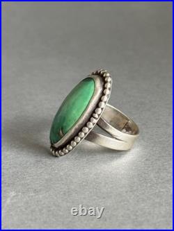 Old Pawn Navajo Sterling Silver with Large Green Turquoise Ring Size 8 3/4