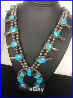 Old Pawn Navajo SterlingSilver Squash Blossom Kingman Turquoise Necklace Naja A5