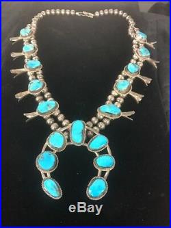 Old Pawn Navajo SterlingSilver Squash Blossom Kingman Turquoise Necklace Naja A5