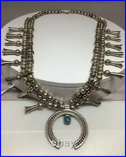 Old Pawn Navajo Turquoise 925 Sand Cast Squash Blossom Necklace, 30 Silver