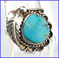 Old Pawn Navajo Turquoise Flower Sterling Silver Feather Ring sz7