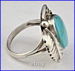 Old Pawn Navajo Turquoise Flower Sterling Silver Feather Ring sz7