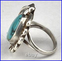 Old Pawn Navajo Turquoise Flower Sterling Silver Feather Ring sz7
