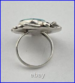 Old Pawn Navajo Turquoise Flower Sterling Silver Feather Ring sz7
