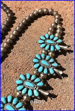 Old Pawn Petit Point Sleeping Beauty Turquoise Sterling Squash Blossom Necklace