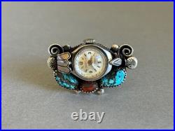 Old Pawn Rare Navajo Sterling Silver with Turquoise and Coral Watch Ring. Size 6