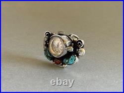 Old Pawn Rare Navajo Sterling Silver with Turquoise and Coral Watch Ring. Size 6