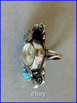 Old Pawn Rare Navajo Sterling Silver with Turquoise and Coral Watch Ring. Size 6
