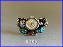 Old Pawn Rare Navajo Sterling Silver with Turquoise and Coral Watch Ring. Size 6