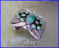 Old Pawn Sandcast Sterling Silver Navajo AE Turquoise Cuff Bracelet 71.6g