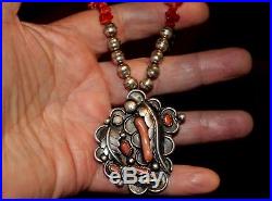Old Pawn Signed Navajo Sterling Silver Bench Beads & Red & Pink Coral Necklace
