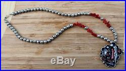 Old Pawn Signed Navajo Sterling Silver Bench Beads & Red & Pink Coral Necklace