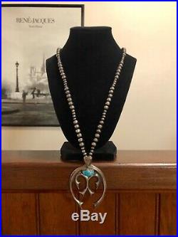 Old Pawn Sterling Silver Bench Bead Necklace & Large Sterling Turquoise Naja 925