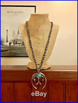 Old Pawn Sterling Silver Bench Bead Necklace & Large Sterling Turquoise Naja 925